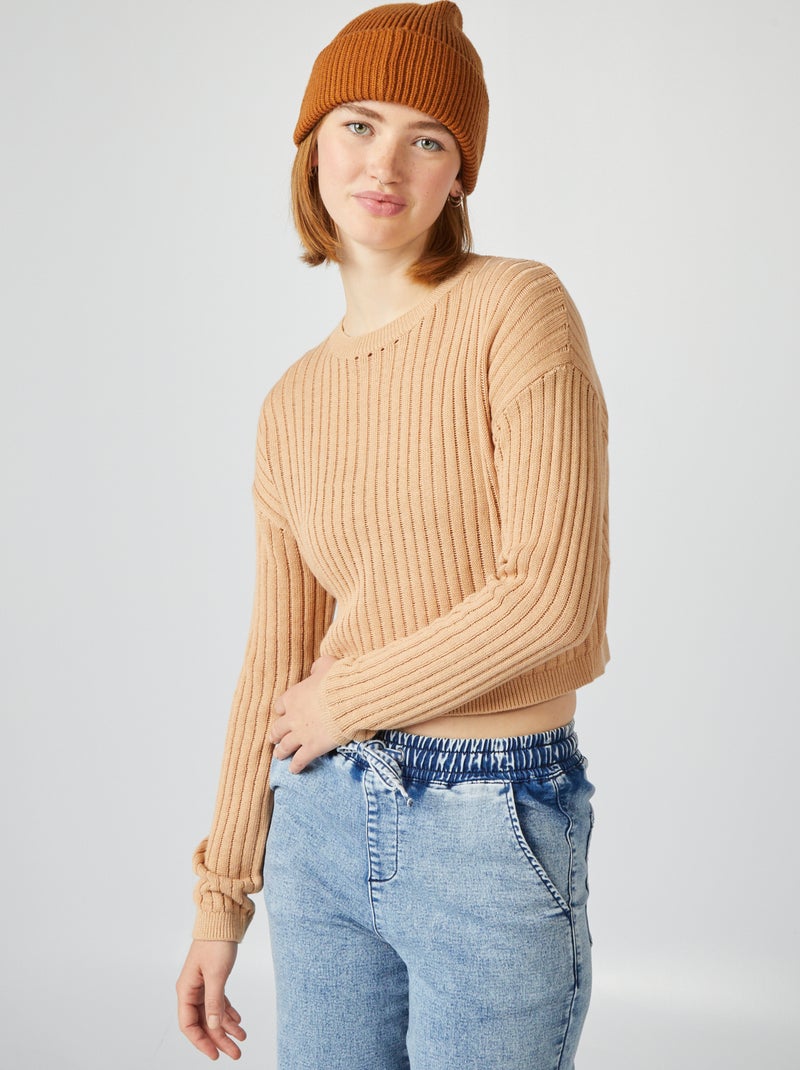 Camisola crop top malha ajurada CASTANHO - Kiabi