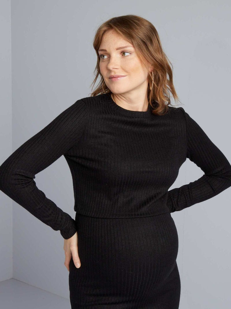 Camisola cropped de grávida de malha canelada Preto - Kiabi
