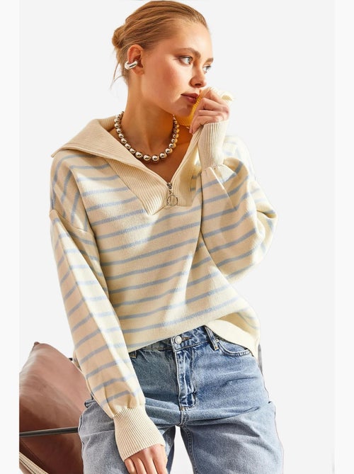 Camisola curta boxy às riscas com gola com fecho lucci - Kiabi