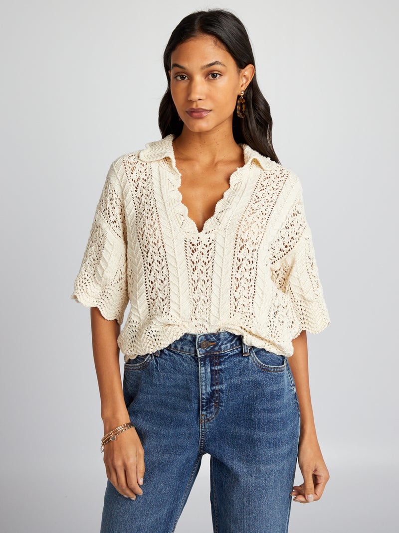Camisola curta de malha ajurada BEGE - Kiabi