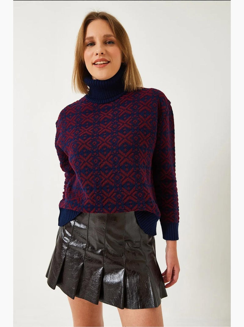 Camisola curta de malha geométrica com gola alta lucci Azul-marinho - Kiabi