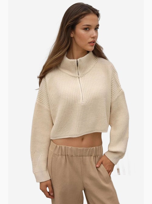 Camisola curta de malha grossa com gola com fecho hiccup - Kiabi Camisola curta de malha grossa com gola com fecho hiccup - Kiabi