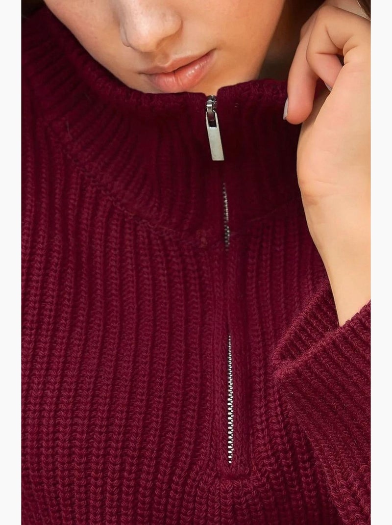 Camisola curta de malha grossa com gola com fecho hiccup Vermelho bordô - Kiabi
