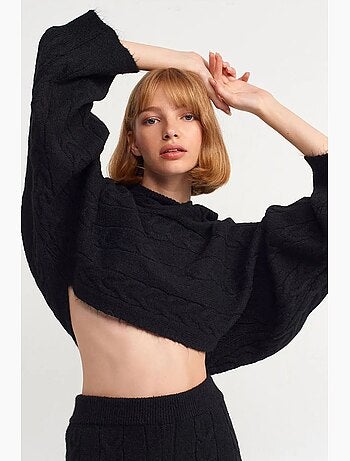Camisola curta oversized de malha com tranças e capuz dilvin