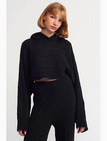Camisola curta oversized de malha com tranças e capuz dilvin