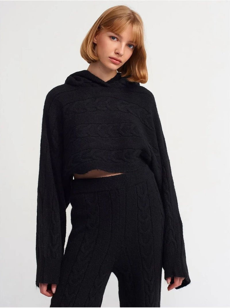 Camisola curta oversized de malha com tranças e capuz Preto - Kiabi