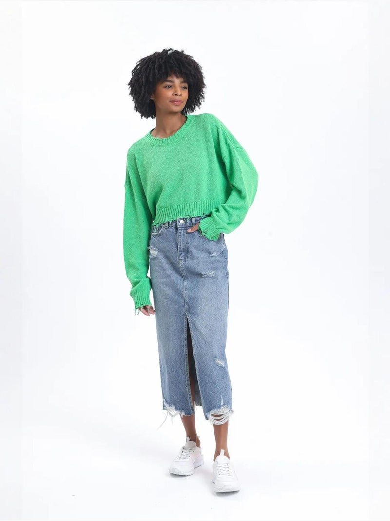 Camisola curta rasgada com gola redonda e cor lisa hiccup Verde - Kiabi