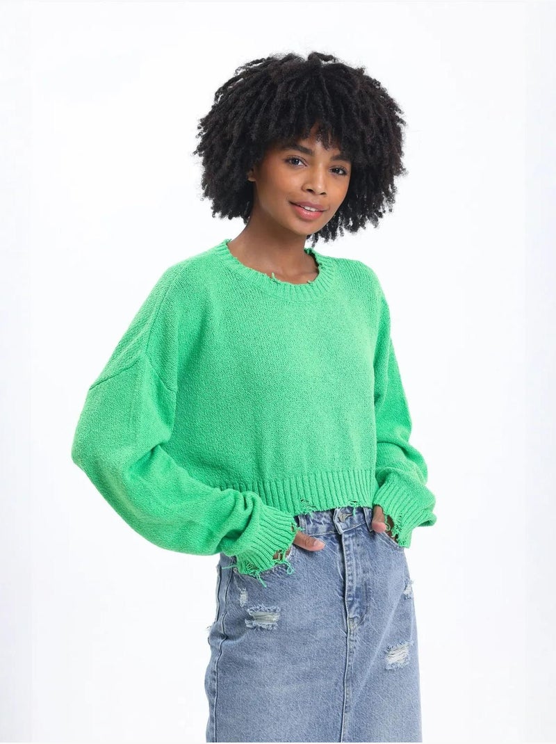 Camisola curta rasgada com gola redonda e cor lisa hiccup Verde - Kiabi