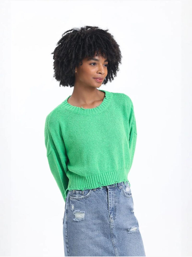 Camisola curta rasgada com gola redonda e cor lisa hiccup Verde - Kiabi