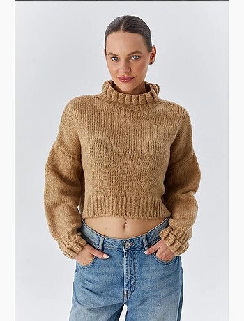 Camisola curta texturizada de gola alta grossa mixray