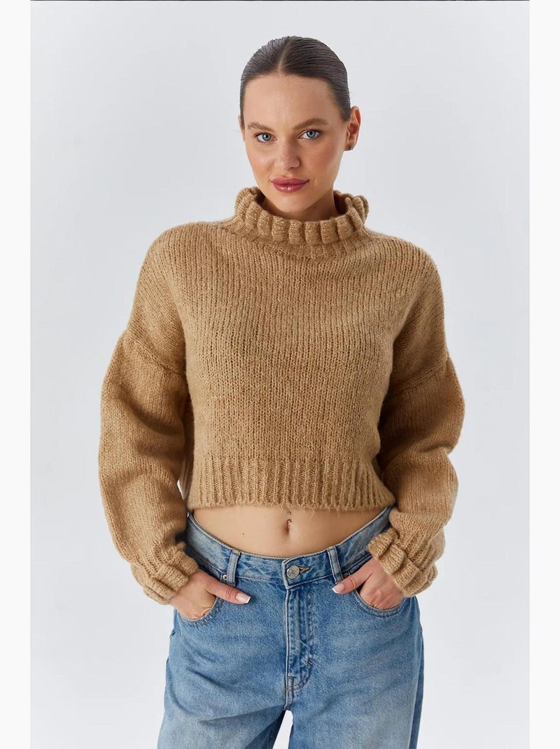 Camisola curta texturizada de gola alta grossa mixray Greige - Kiabi