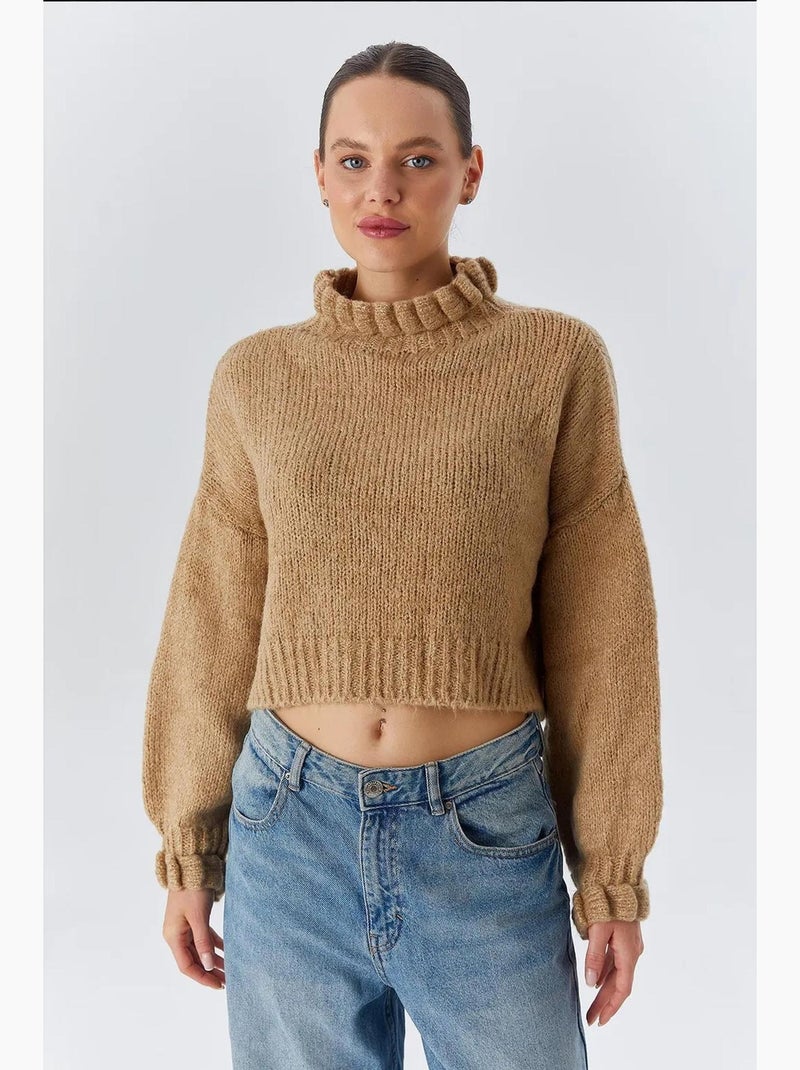 Camisola curta texturizada de gola alta grossa mixray Greige - Kiabi