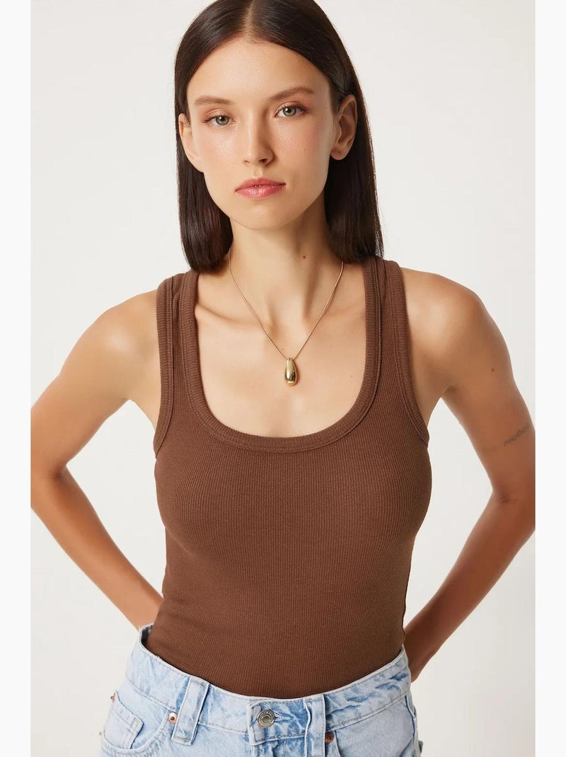 Camisola de alças ajustada em algodão com decote em u istanbul Castanho-chocolate - Kiabi