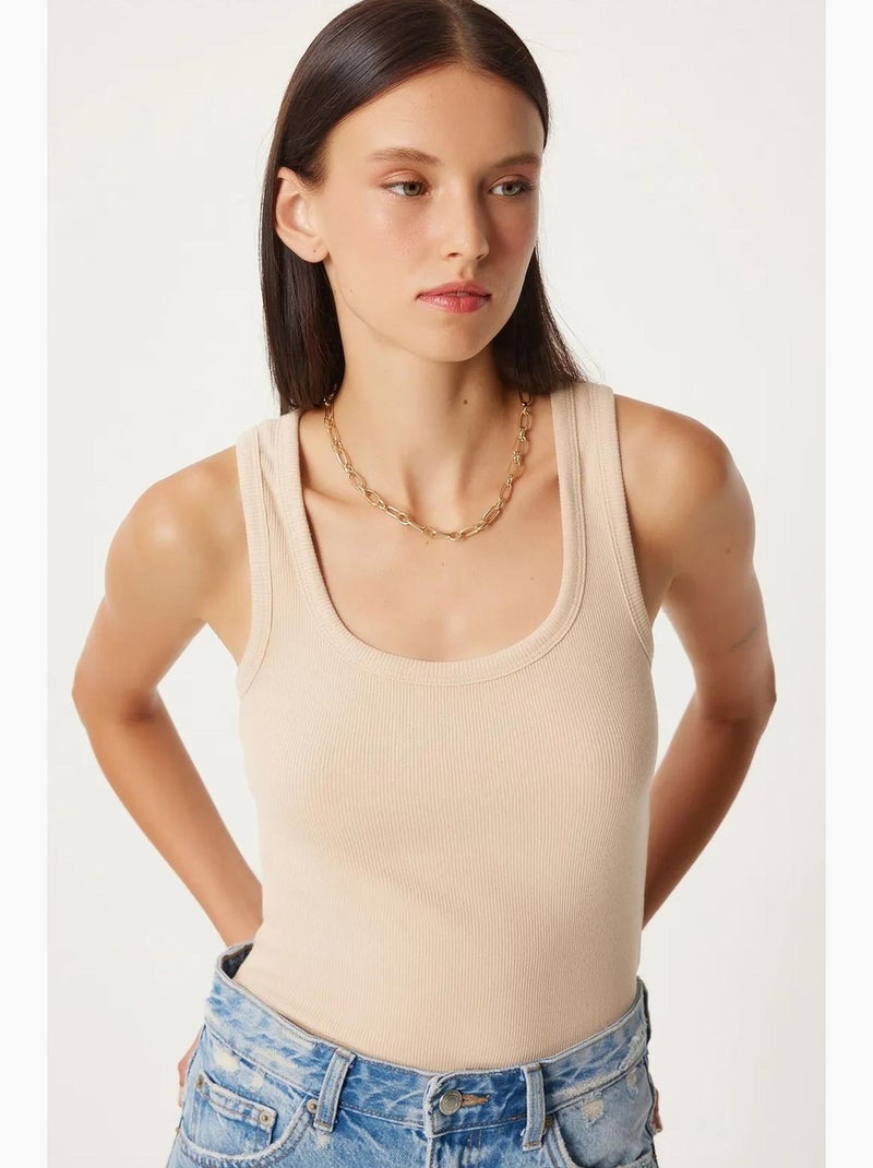 Camisola de alças ajustada em algodão com decote em u istanbul Creme - Kiabi