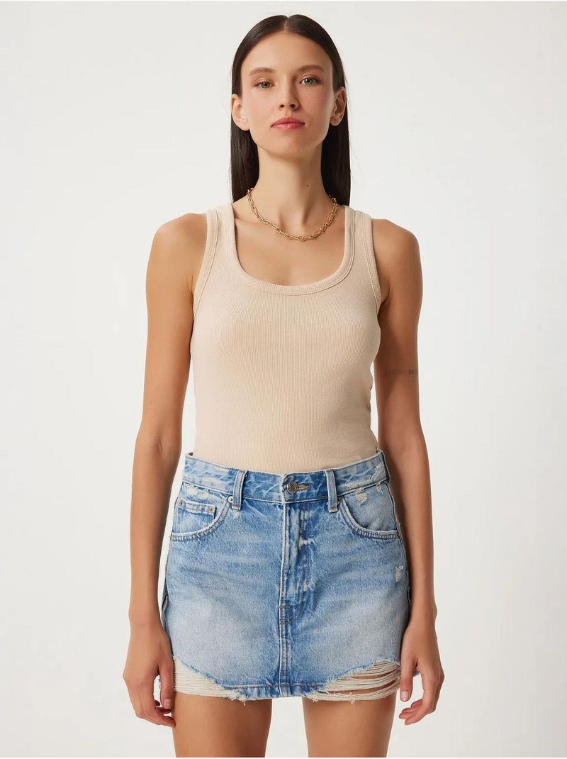 Camisola de alças ajustada em algodão com decote em u istanbul Creme - Kiabi
