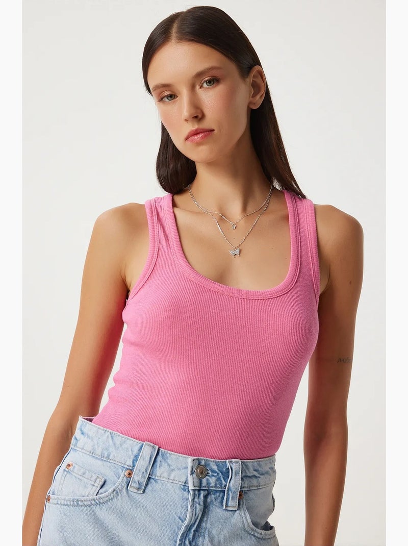 Camisola de alças ajustada em algodão com decote em u istanbul Rosa-fluo/Solinotes - Kiabi