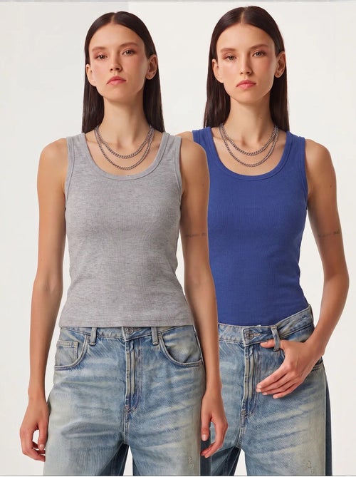 Camisola de alças ajustada em malha com decote em u, pack de 2 istanbul - Kiabi Camisola de alças ajustada em malha com decote em u, pack de 2 istanbul - Kiabi