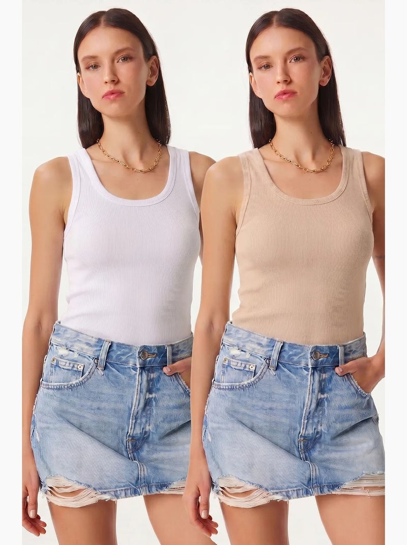 Camisola de alças ajustada em malha com decote em u, pack de 2 istanbul Bege-argila - Kiabi