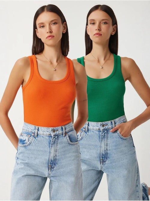 Camisola de alças ajustada em malha com decote em u, pack de 2 istanbul - Kiabi Camisola de alças ajustada em malha com decote em u, pack de 2 istanbul - Kiabi