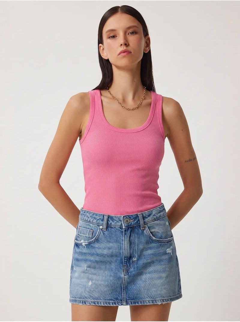 Camisola de alças ajustada em malha com decote em u, pack de 2 istanbul Rosa-fluo/Solinotes - Kiabi