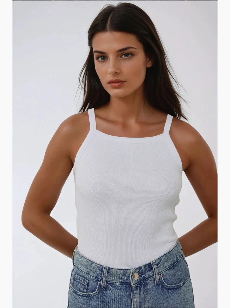 Camisola de alças básica ajustada com decote halter hiccup Branco - Kiabi