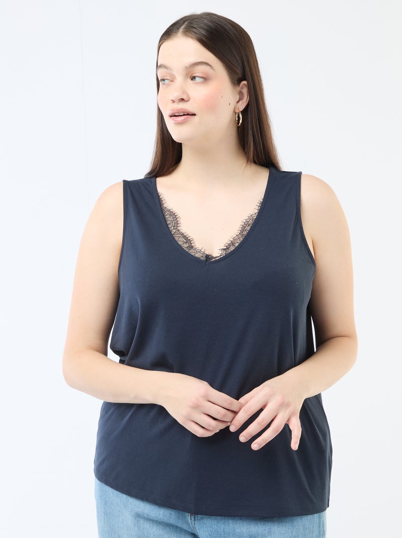 Camisola de alças com decote em V e renda Azul - Kiabi