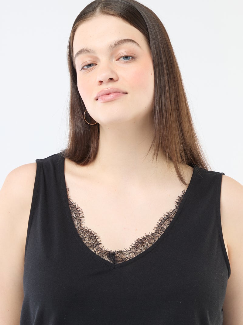 Camisola de alças com decote em V e renda Preto - Kiabi