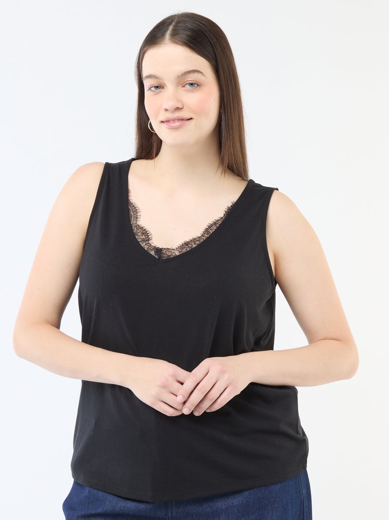 Camisola de alças com decote em V e renda Preto - Kiabi