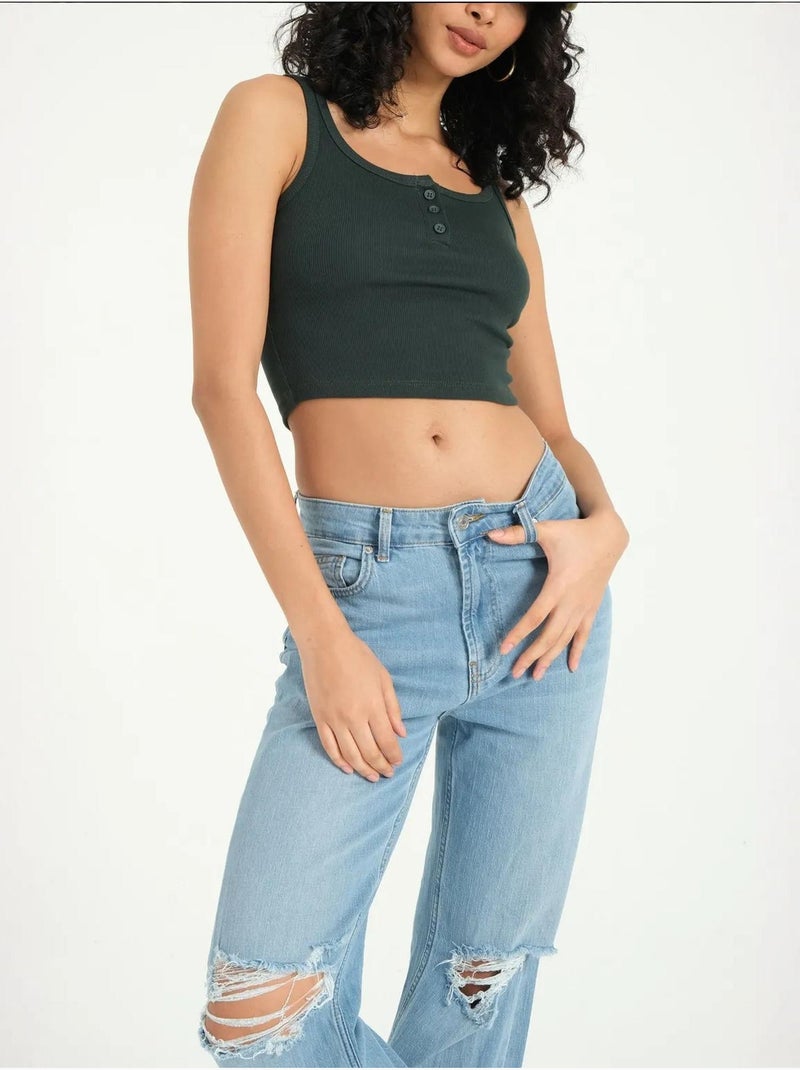 Camisola de alças com decote quadrado e botões canelados hiccup Verde - Kiabi