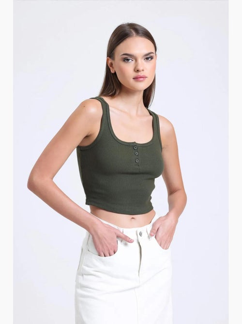 Camisola de alças com decote quadrado e botões canelados hiccup - Kiabi Camisola de alças com decote quadrado e botões canelados hiccup - Kiabi