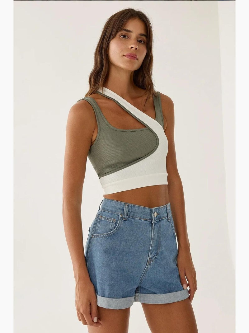 Camisola de alças com gola assimétrica contrastante hiccup Branco Verde - Kiabi