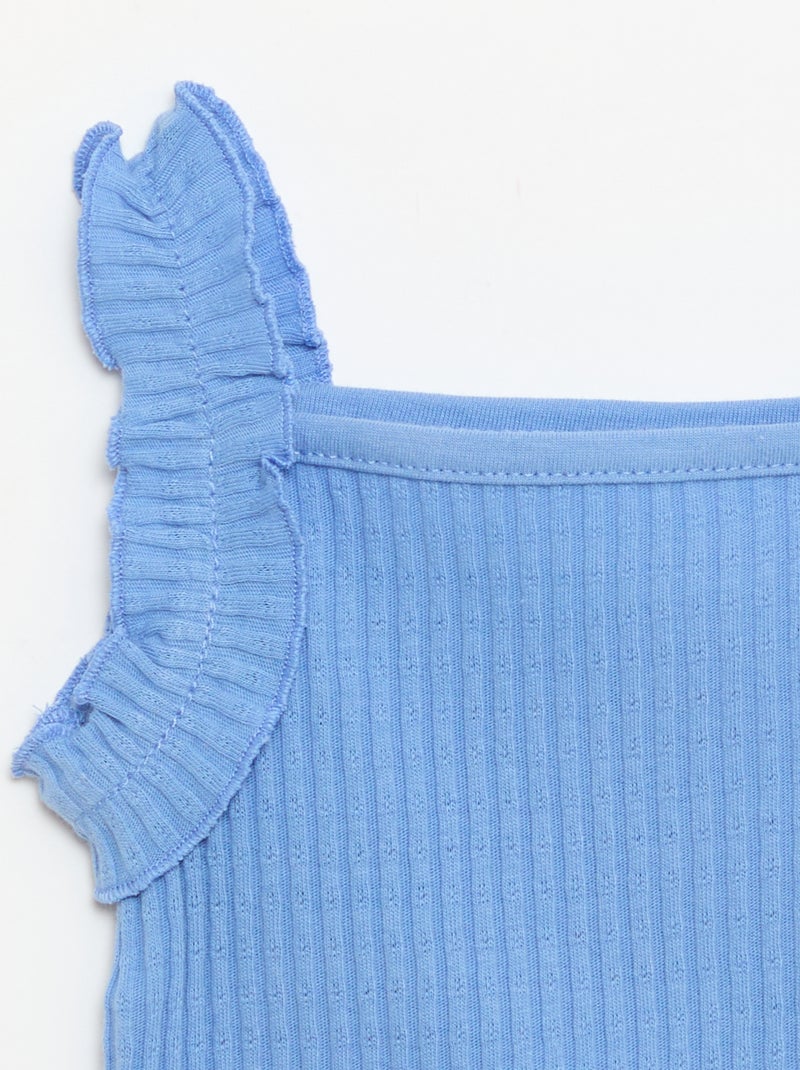 Camisola de alças em canelado pointelle com alças com folhos Azul - Kiabi