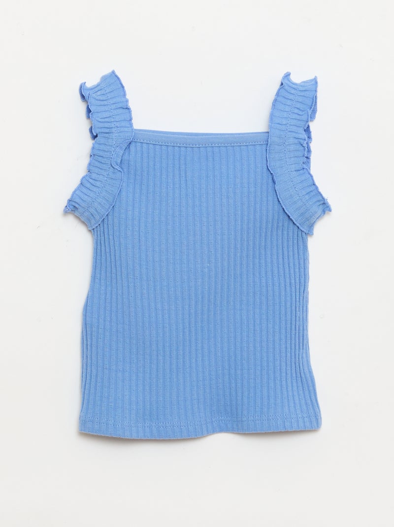 Camisola de alças em canelado pointelle com alças com folhos Azul - Kiabi