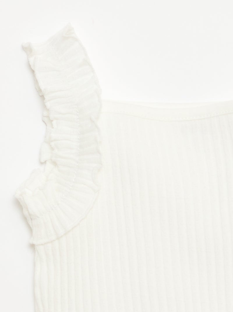 Camisola de alças em canelado pointelle com alças com folhos Branco - Kiabi