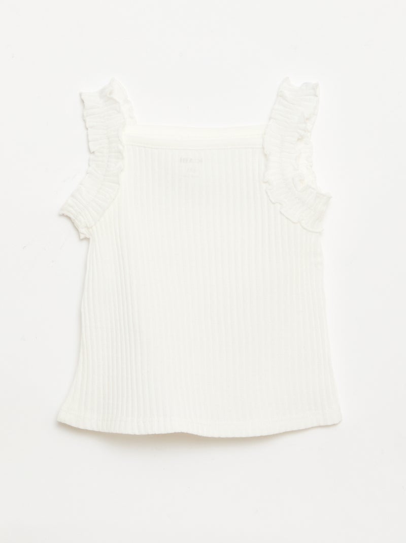 Camisola de alças em canelado pointelle com alças com folhos Branco - Kiabi