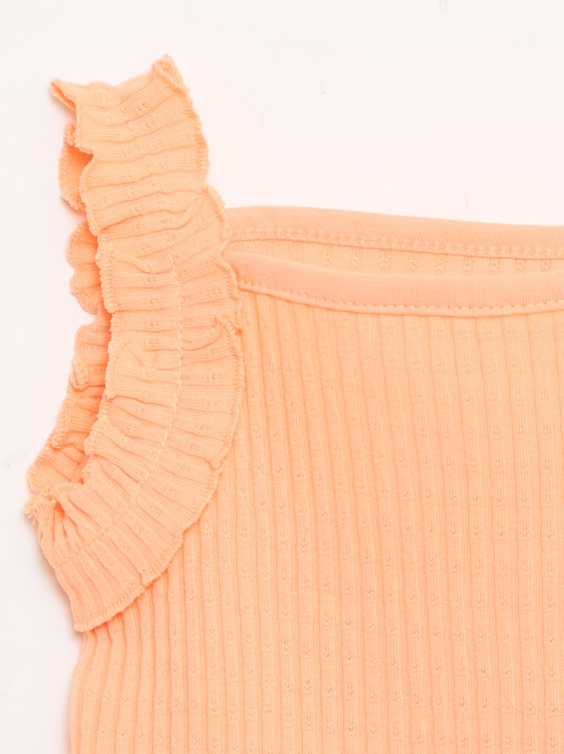 Camisola de alças em canelado pointelle com alças com folhos Laranja - Kiabi