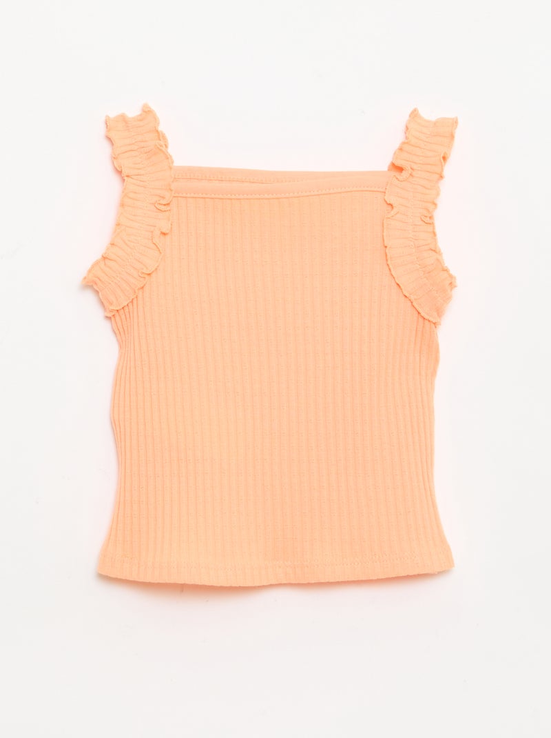 Camisola de alças em canelado pointelle com alças com folhos Laranja - Kiabi