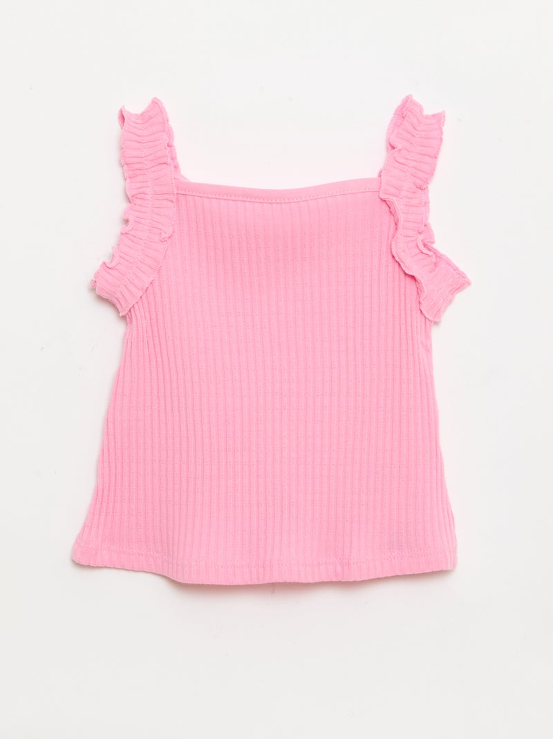 Camisola de alças em canelado pointelle com alças com folhos Rosa - Kiabi