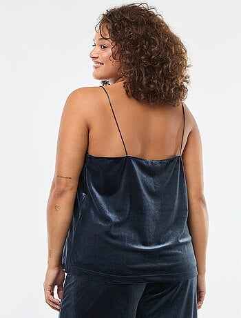Camisola de alças em veludo com borda em renda