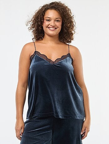 Camisola de alças em veludo com borda em renda