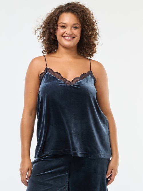 Camisola de alças em veludo com borda em renda - Kiabi