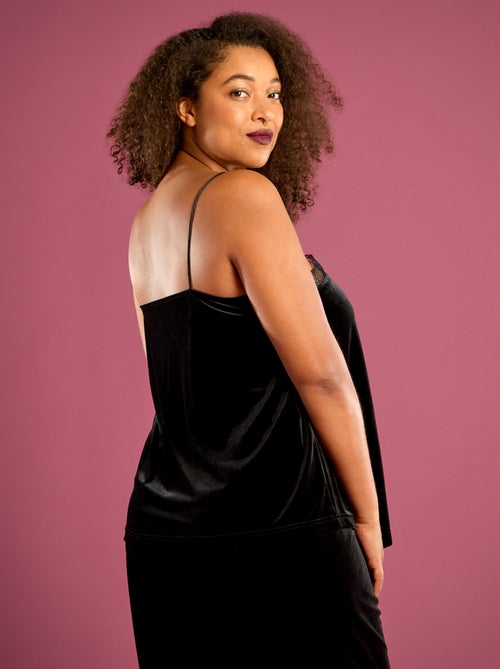 Camisola de alças em veludo com borda em renda - Kiabi