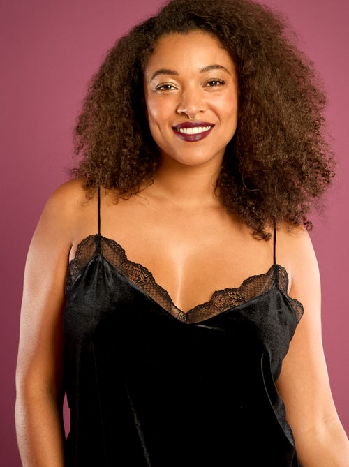 Camisola de alças em veludo com borda em renda - Kiabi