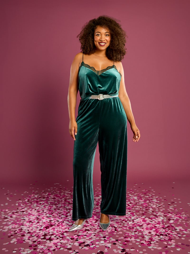 Camisola de alças em veludo com borda em renda Verde - Kiabi