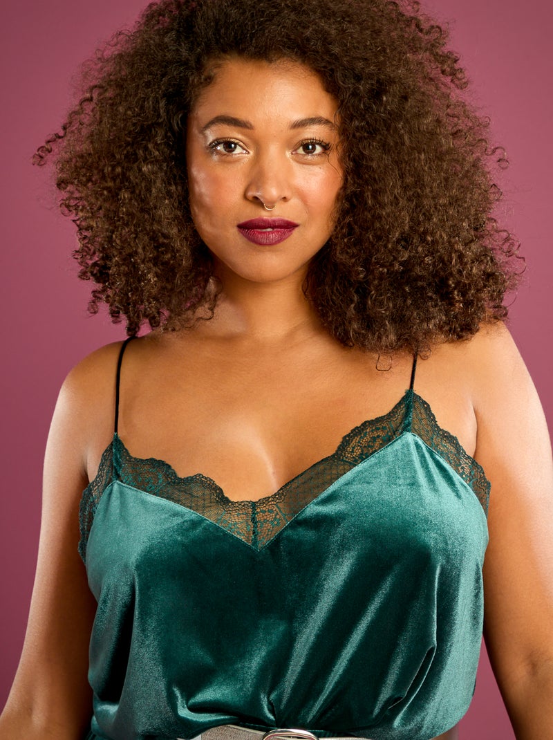 Camisola de alças em veludo com borda em renda Verde - Kiabi