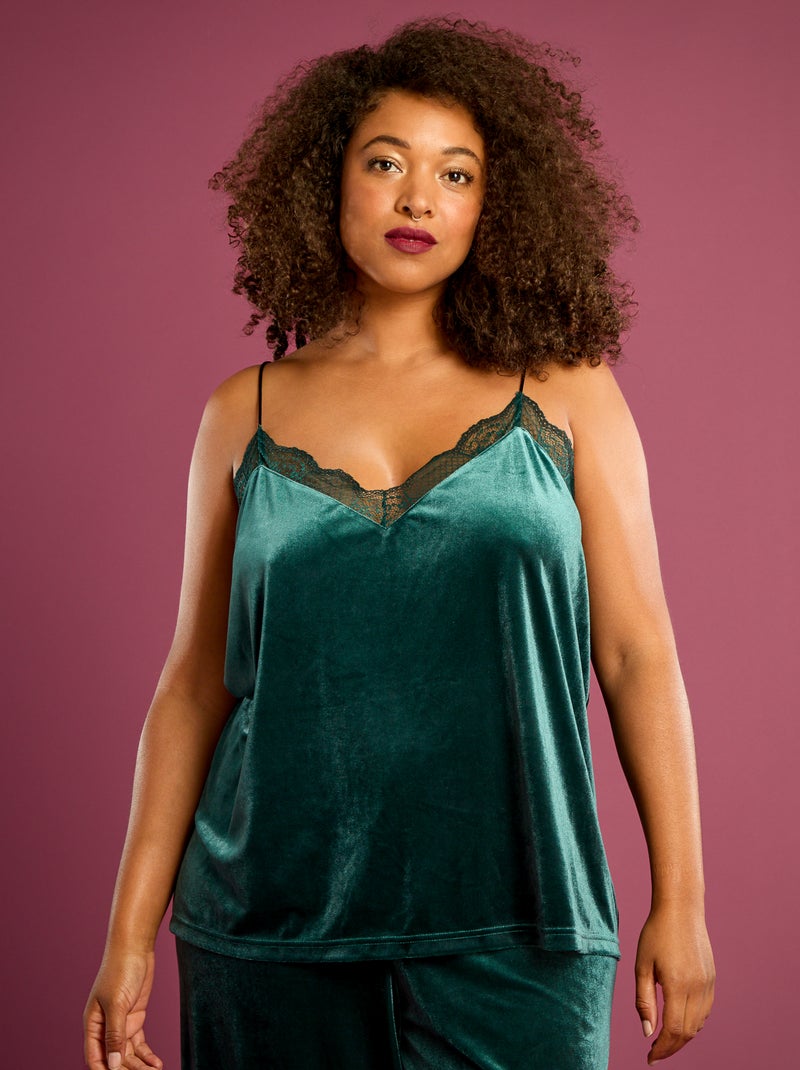 Camisola de alças em veludo com borda em renda Verde - Kiabi