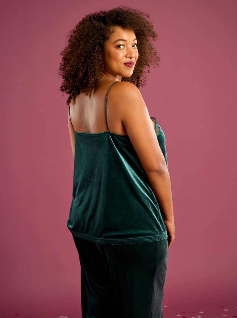 Camisola de alças em veludo com borda em renda Verde - Kiabi