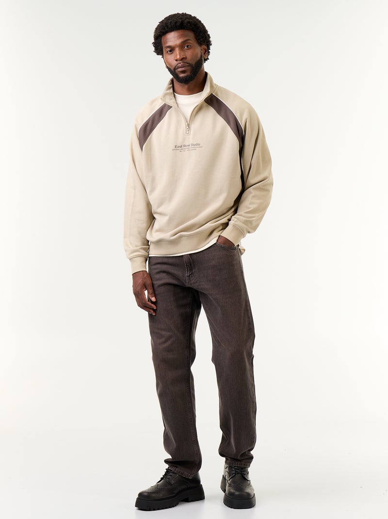 Camisola de French Terry com gola de camionista Bege - Kiabi