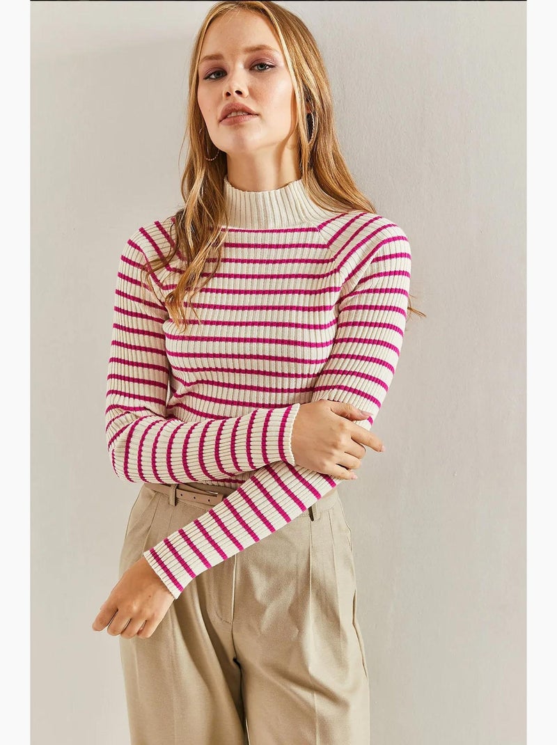 Camisola de gola alta às riscas lucci Magenta - Kiabi