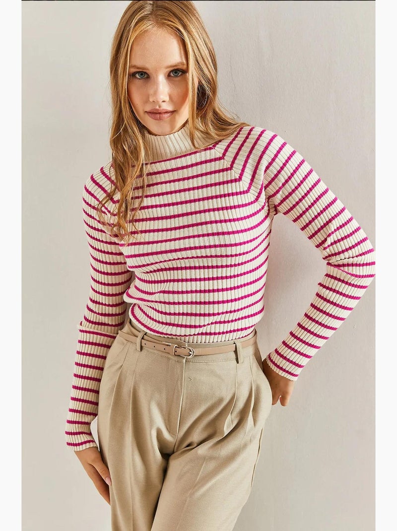 Camisola de gola alta às riscas lucci Magenta - Kiabi